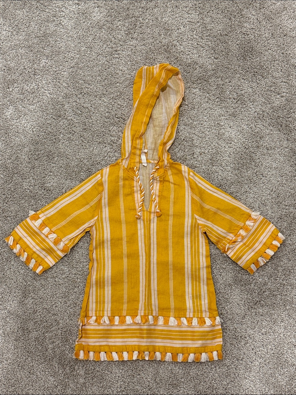 Zimmermann Girls Mustard Yellow Striped Hooded Swim Coverup with Tassles